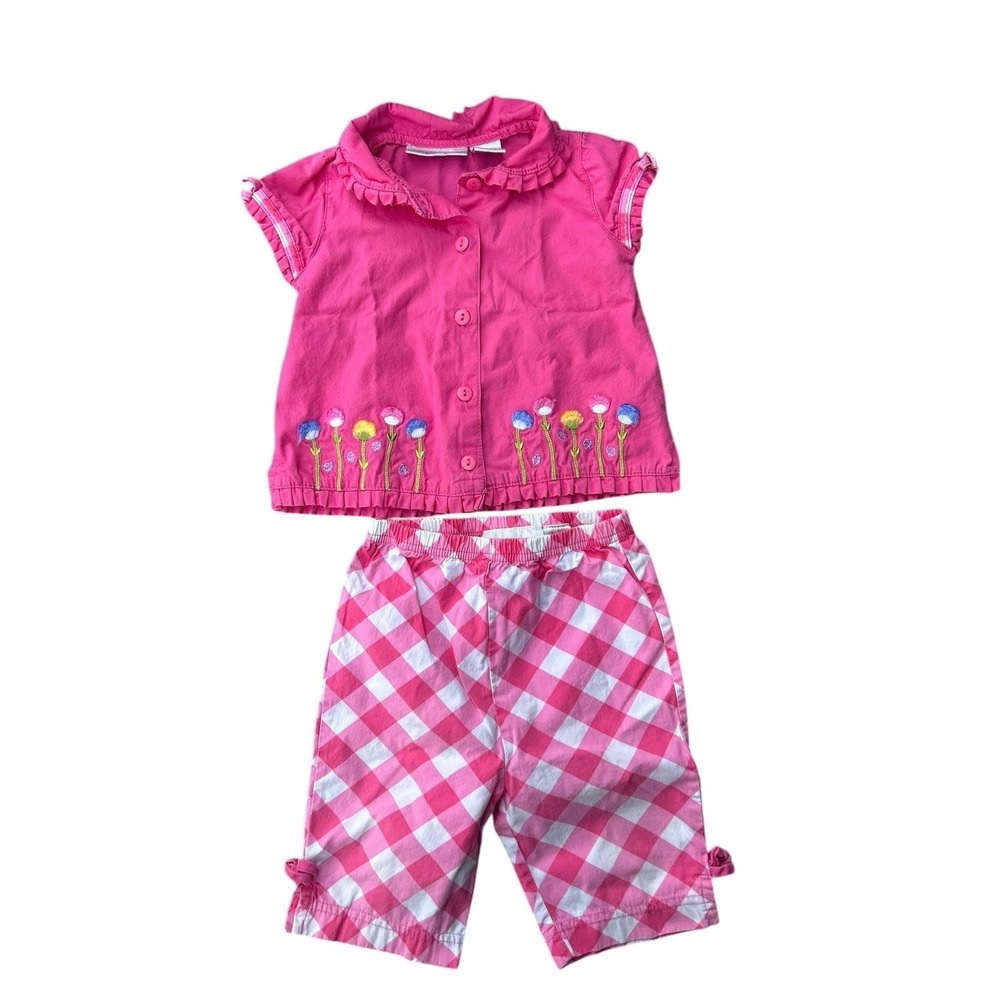 Vintage Y2K Girls Baby Toddler Outfit Pink Floral Shirt Pants Gingham 12-18 Mos‎